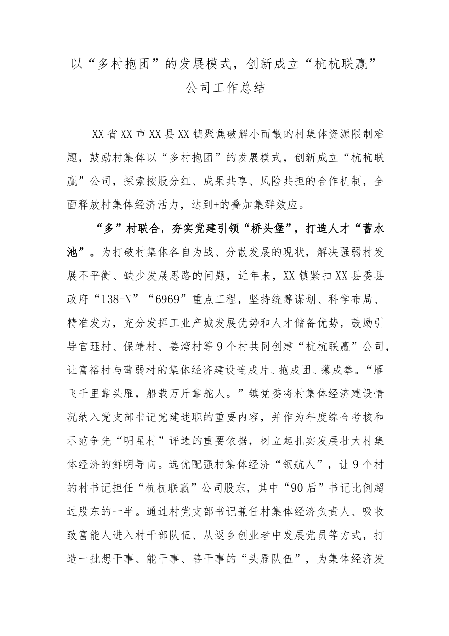 以“多村抱团”的发展模式创新成立“杭杭联赢”公司工作总结.docx_第1页