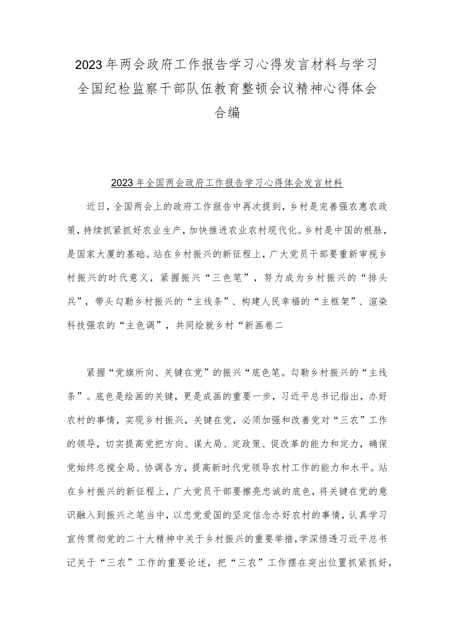 2023年两会政府工作报告学习心得发言材料与学习全国纪检监察干部队伍教育整顿会议精神心得体会合编.docx_第1页