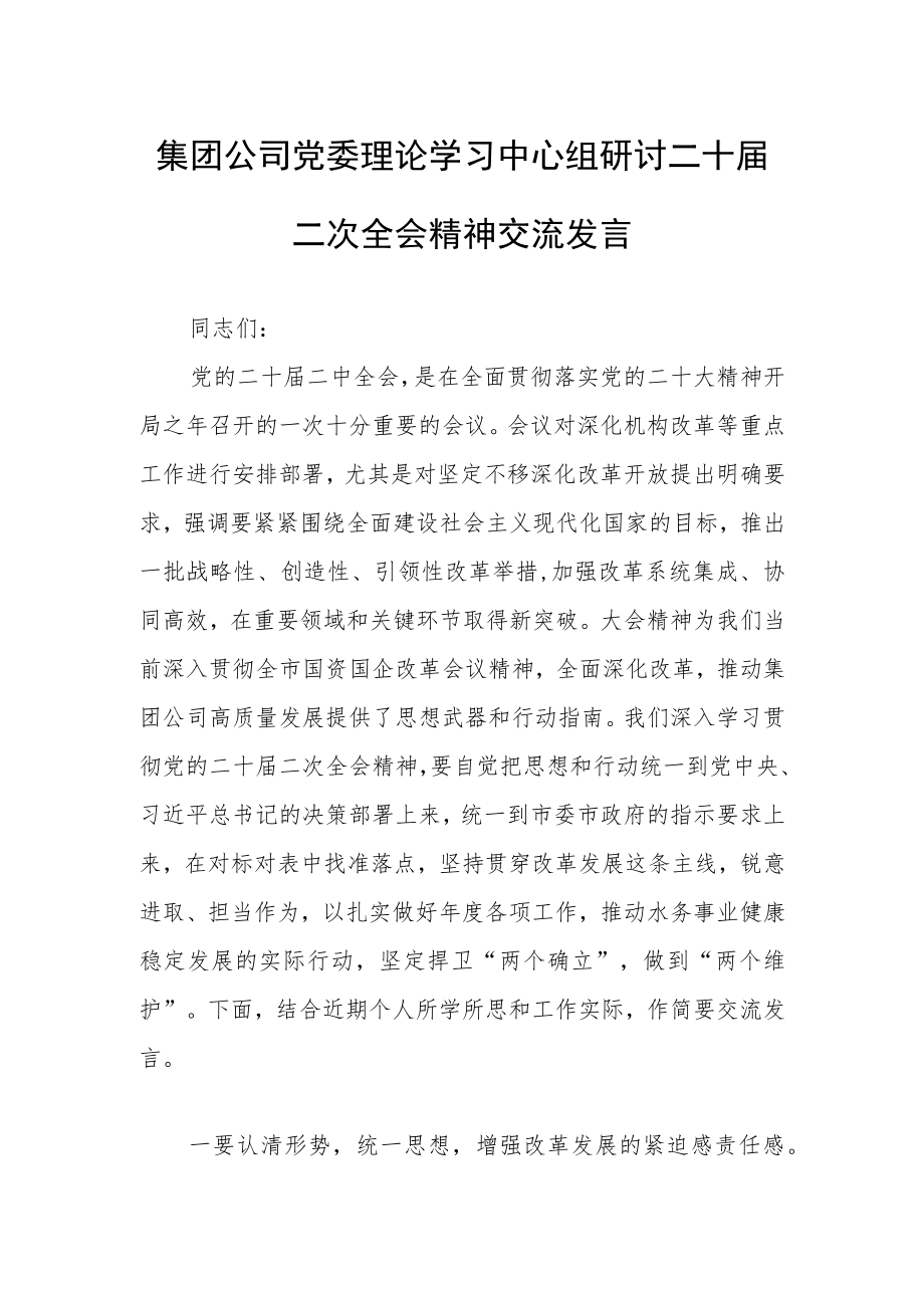 集团公司党委理论学习中心组研讨二十届二次全会精神交流发言.docx_第1页