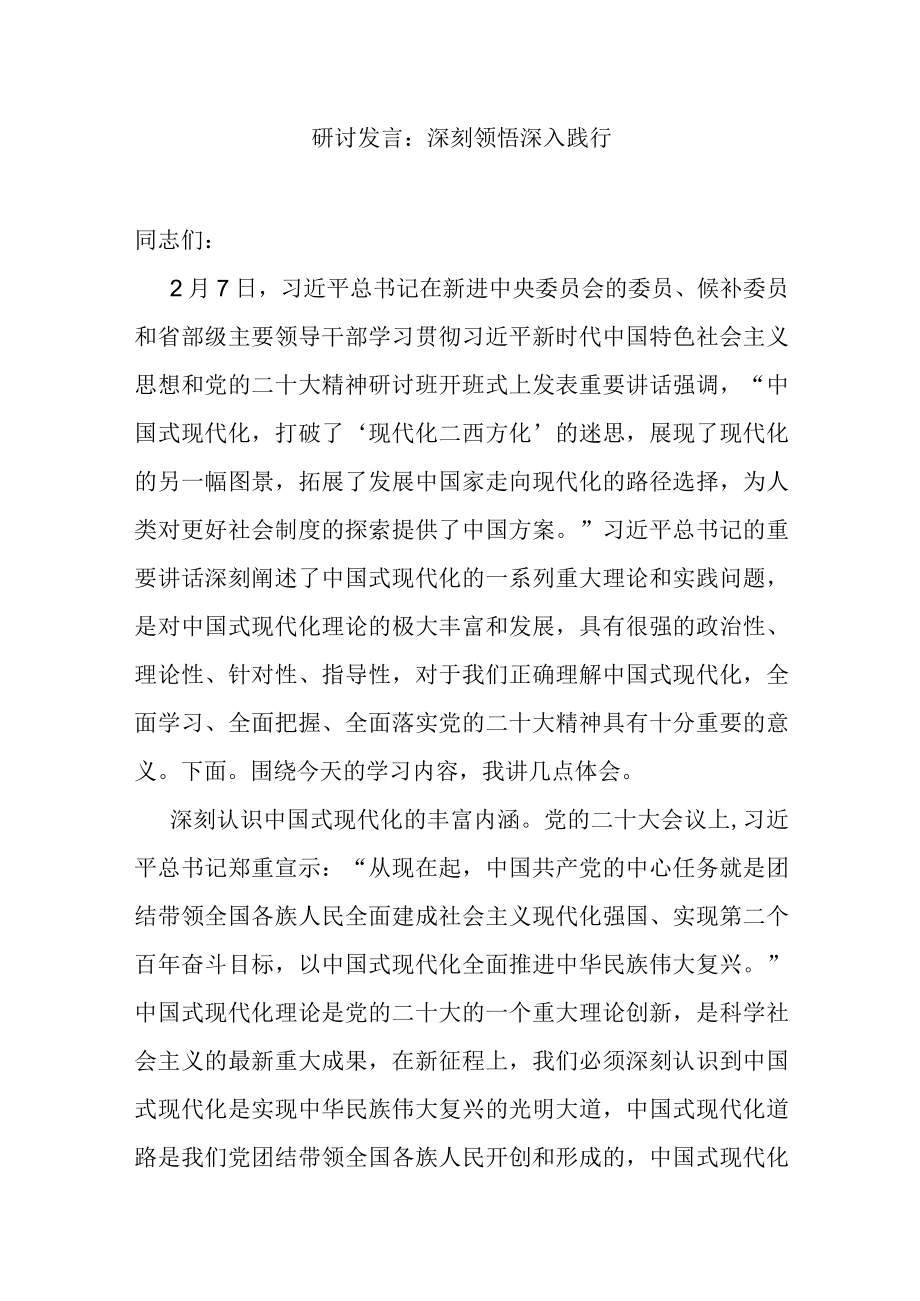 研讨发言：深刻领悟 深入践行.docx_第1页