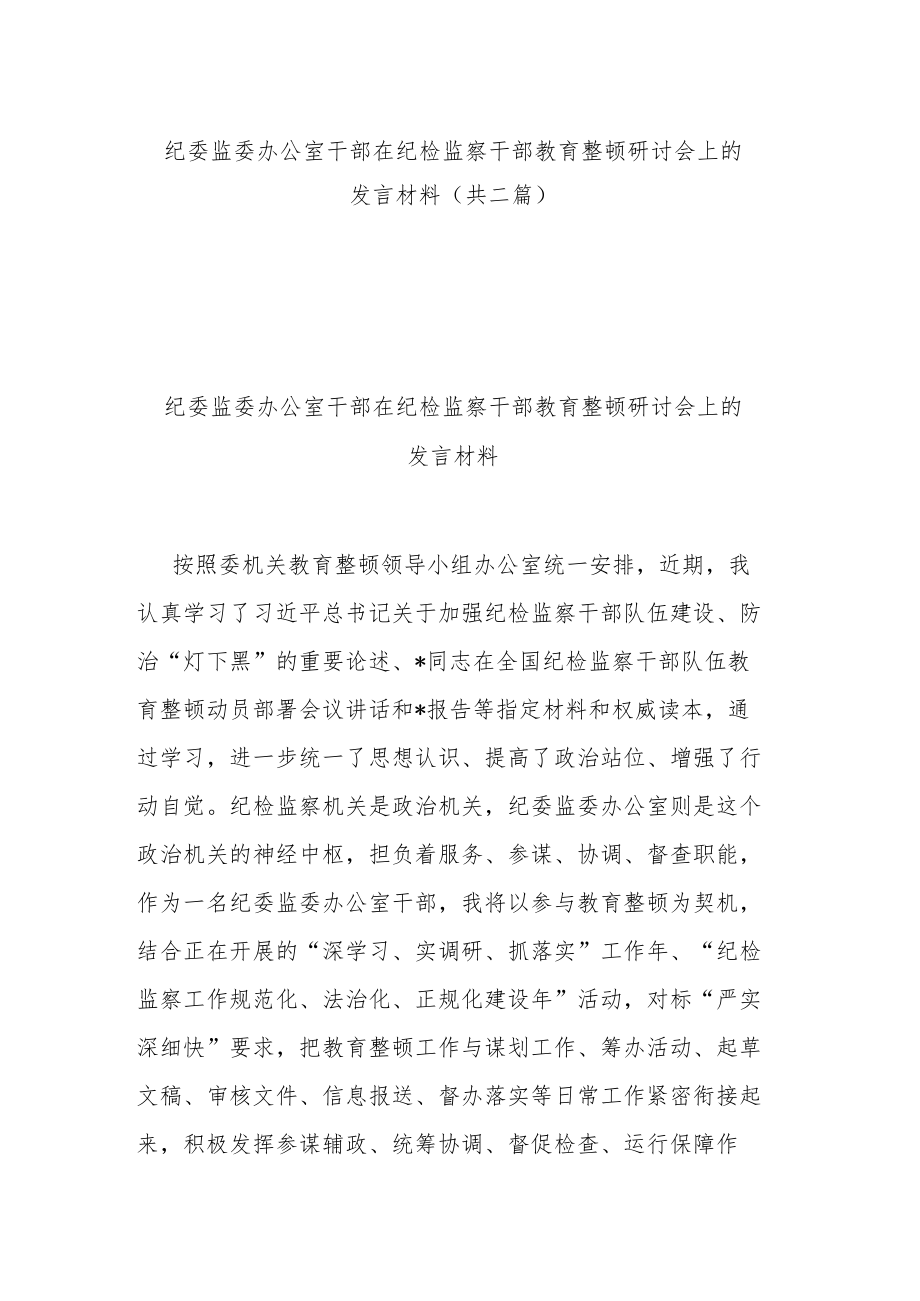 纪委监委办公室干部在纪检监察干部教育整顿研讨会上的发言材料(共二篇).docx_第1页