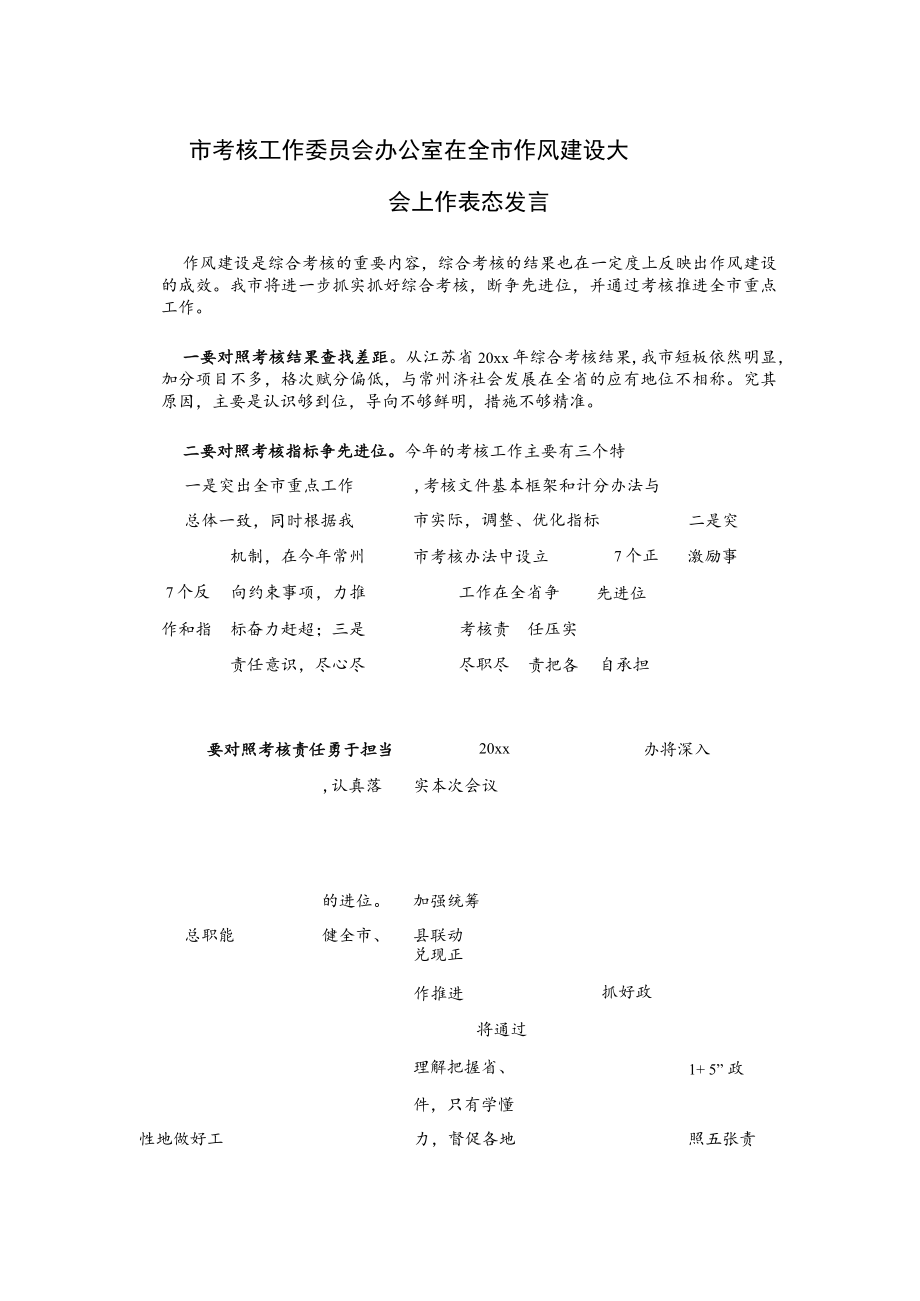 市考核工作委员会办公室在全市作风建设大会上作表态发言.docx_第1页