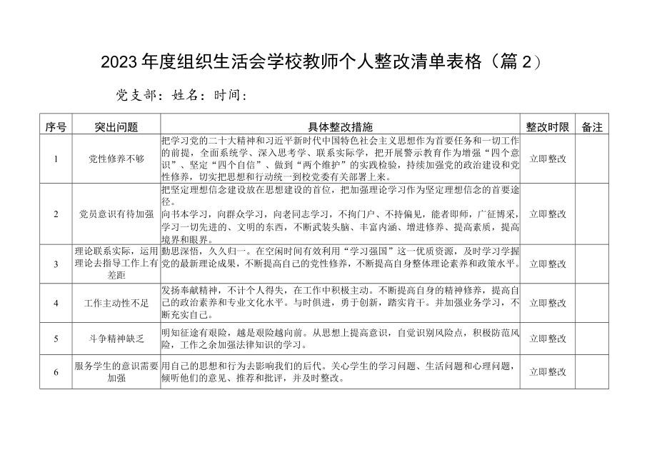 组织生活会学校教师个人问题整改措施清单台账表格2篇.docx_第2页