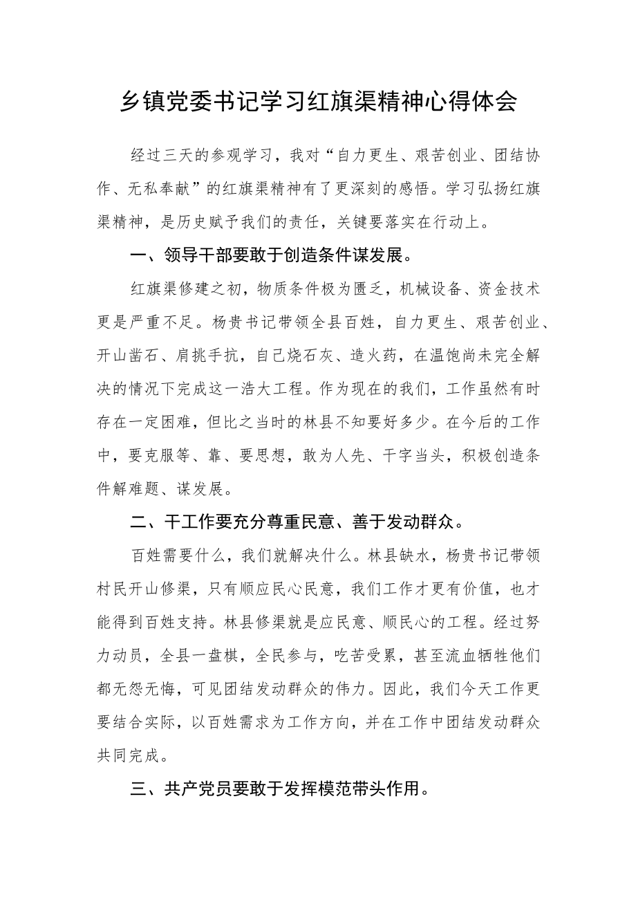 乡镇党委书记学习红旗渠精神心得体会.docx_第1页