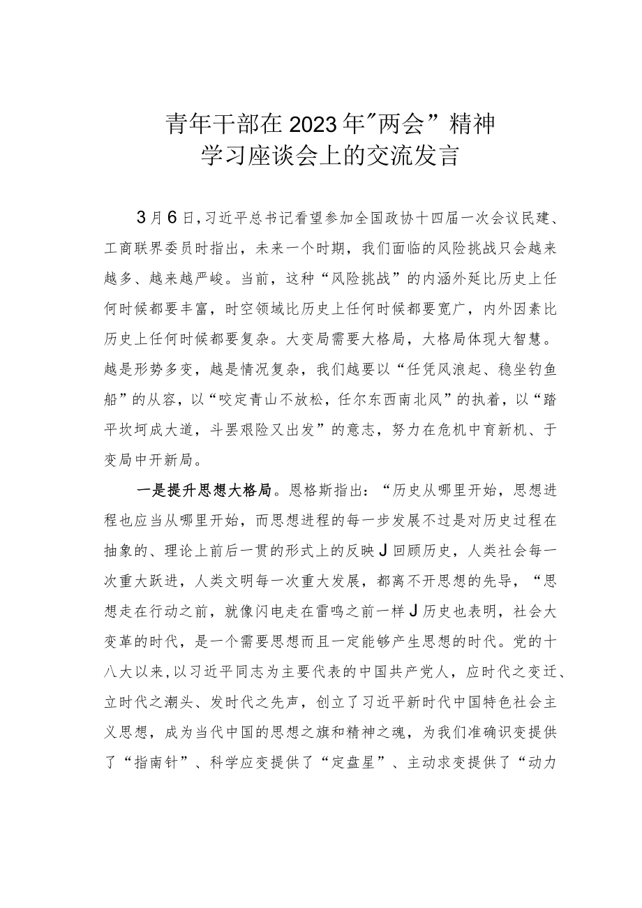 青年干部在2023年”两会”精神学习座谈会上的交流发言.docx_第1页