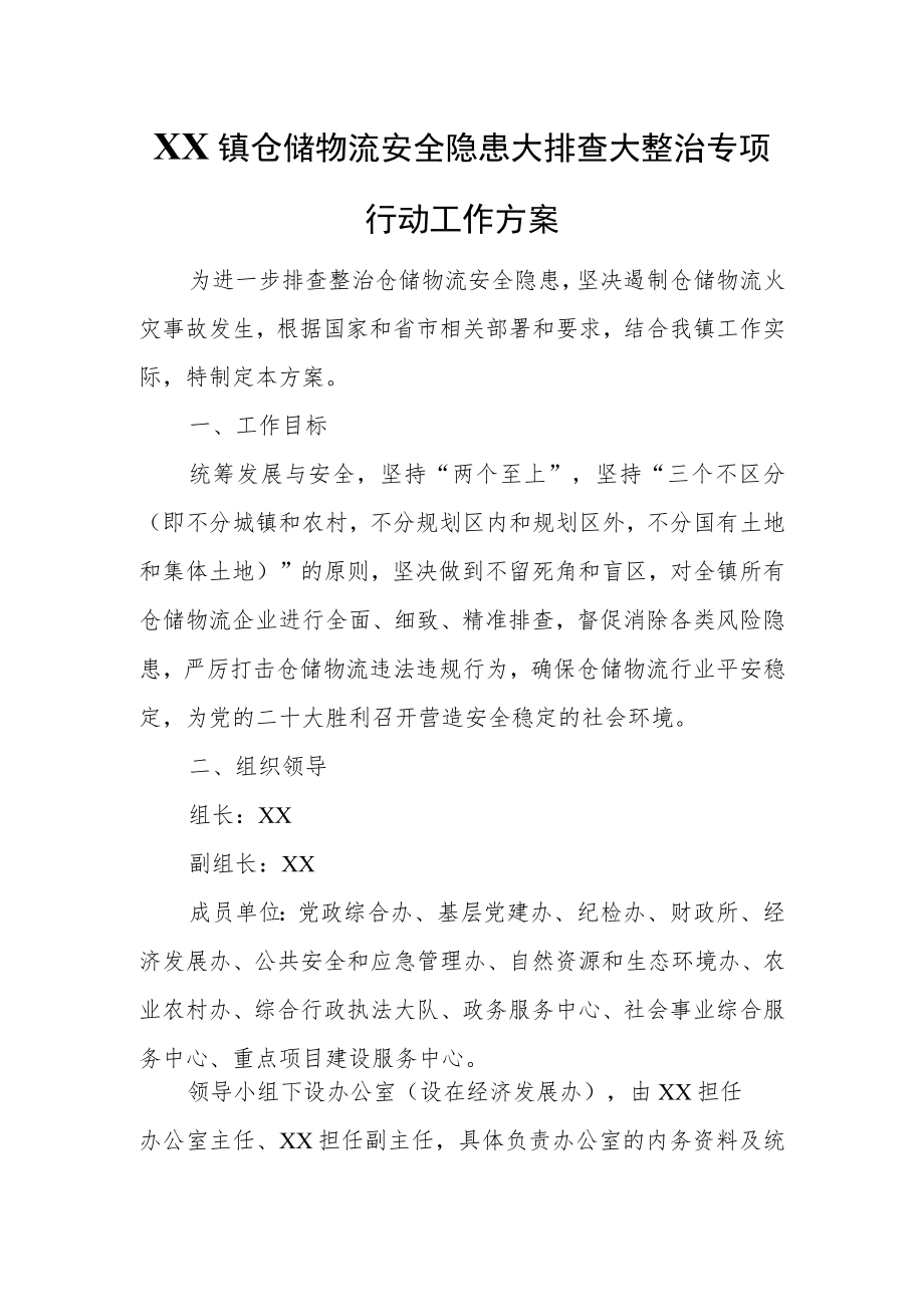 XX镇仓储物流安全隐患大排查大整治专项行动工作方案.docx_第1页