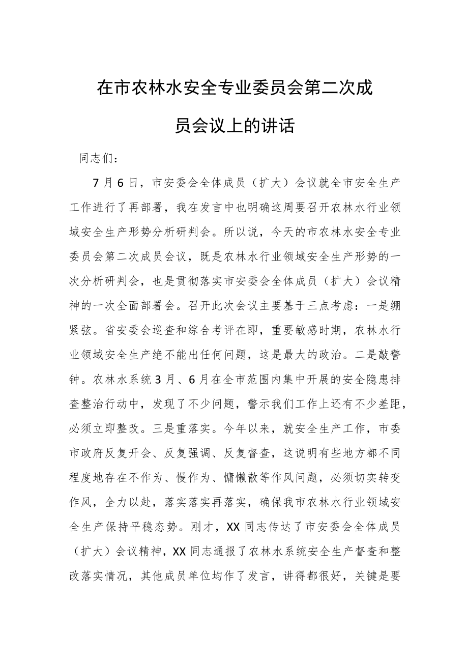 在市农林水安全专业委员会第二次成员会议上的讲话.docx_第1页