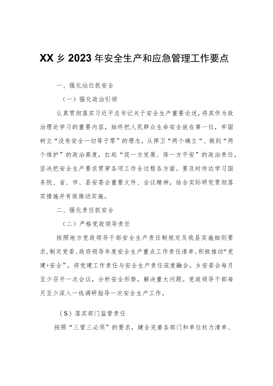 XX乡2023年安全生产和应急管理工作要点.docx_第1页