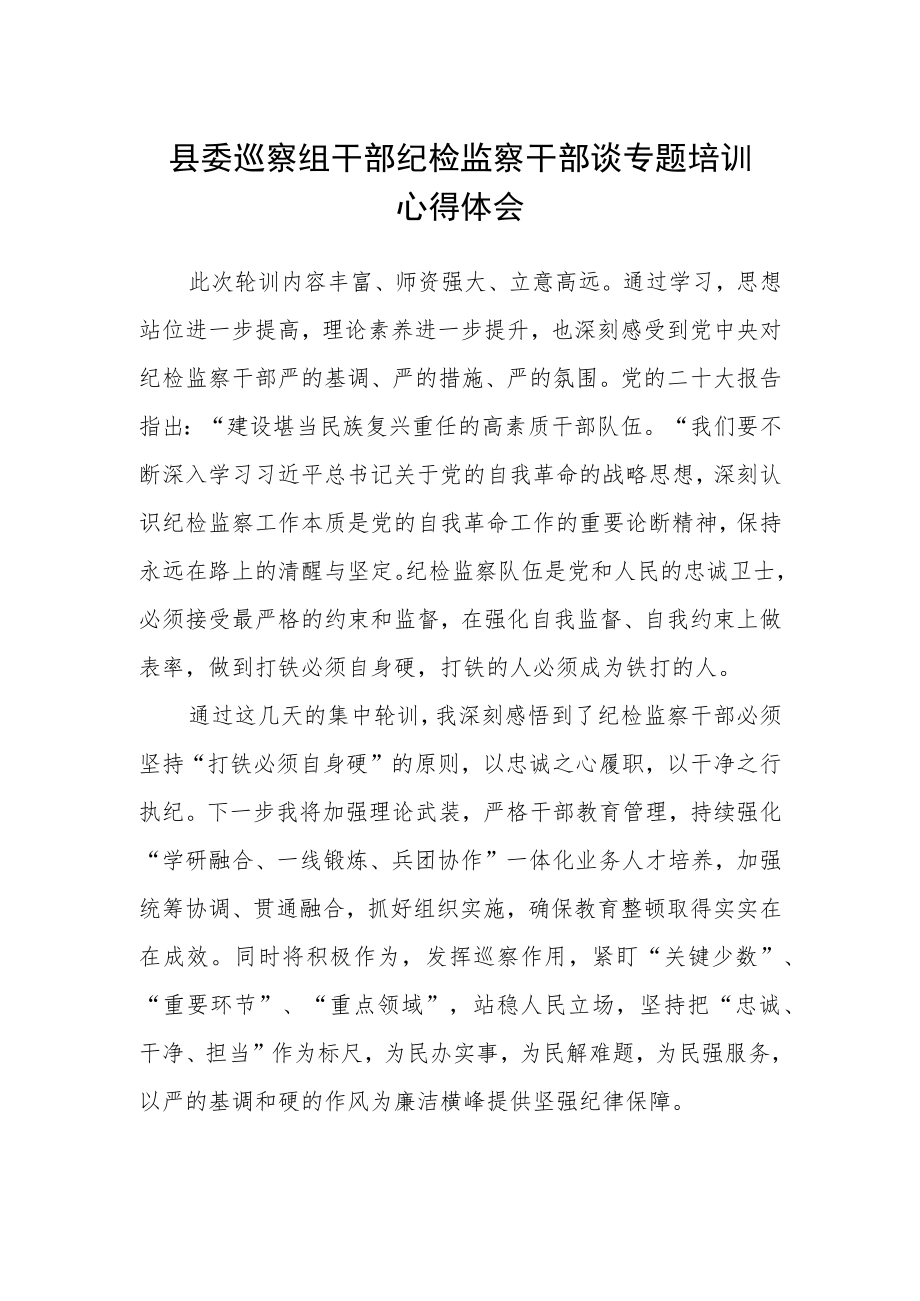 县委巡察组干部纪检监察干部谈专题培训心得体会.docx_第1页