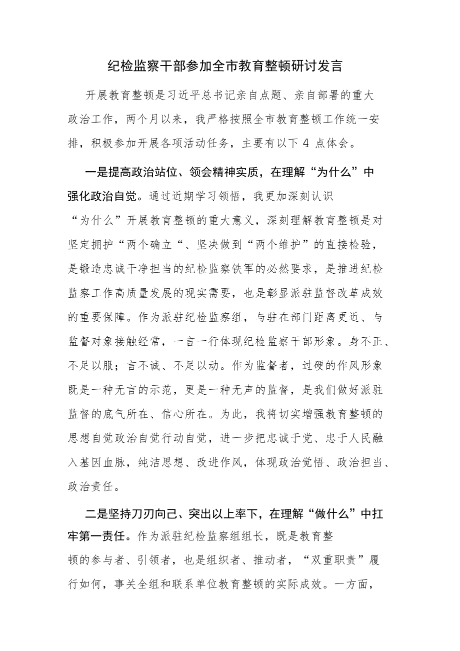 纪检监察干部参加全市教育整顿研讨发言参考范文.docx_第1页