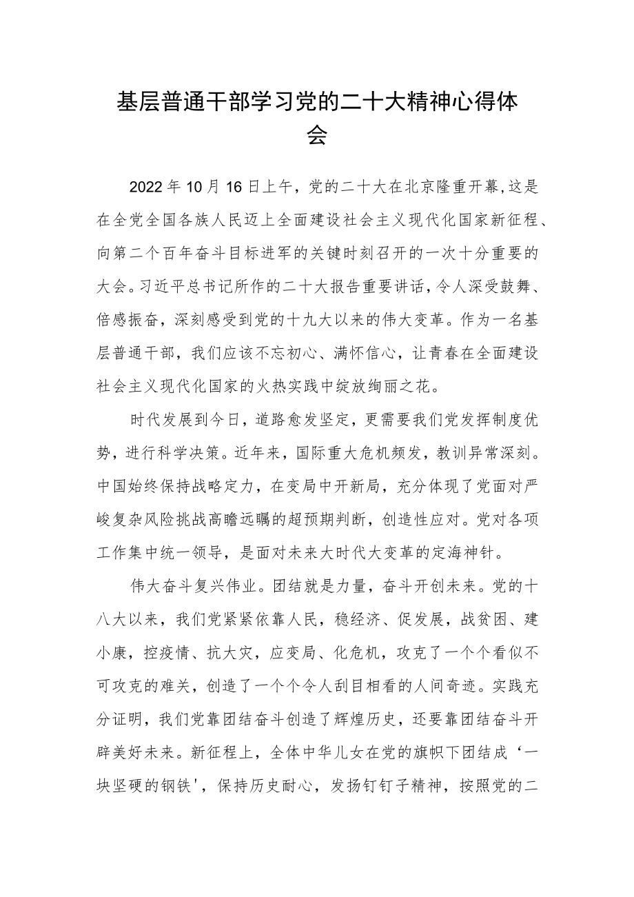 基层普通干部学习党的二十大精神心得体会.docx_第1页