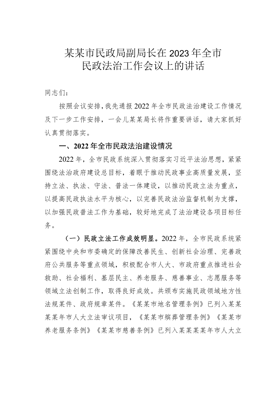 某某市民政局副局长在2023年全市民政法治工作会议上的讲话.docx_第1页