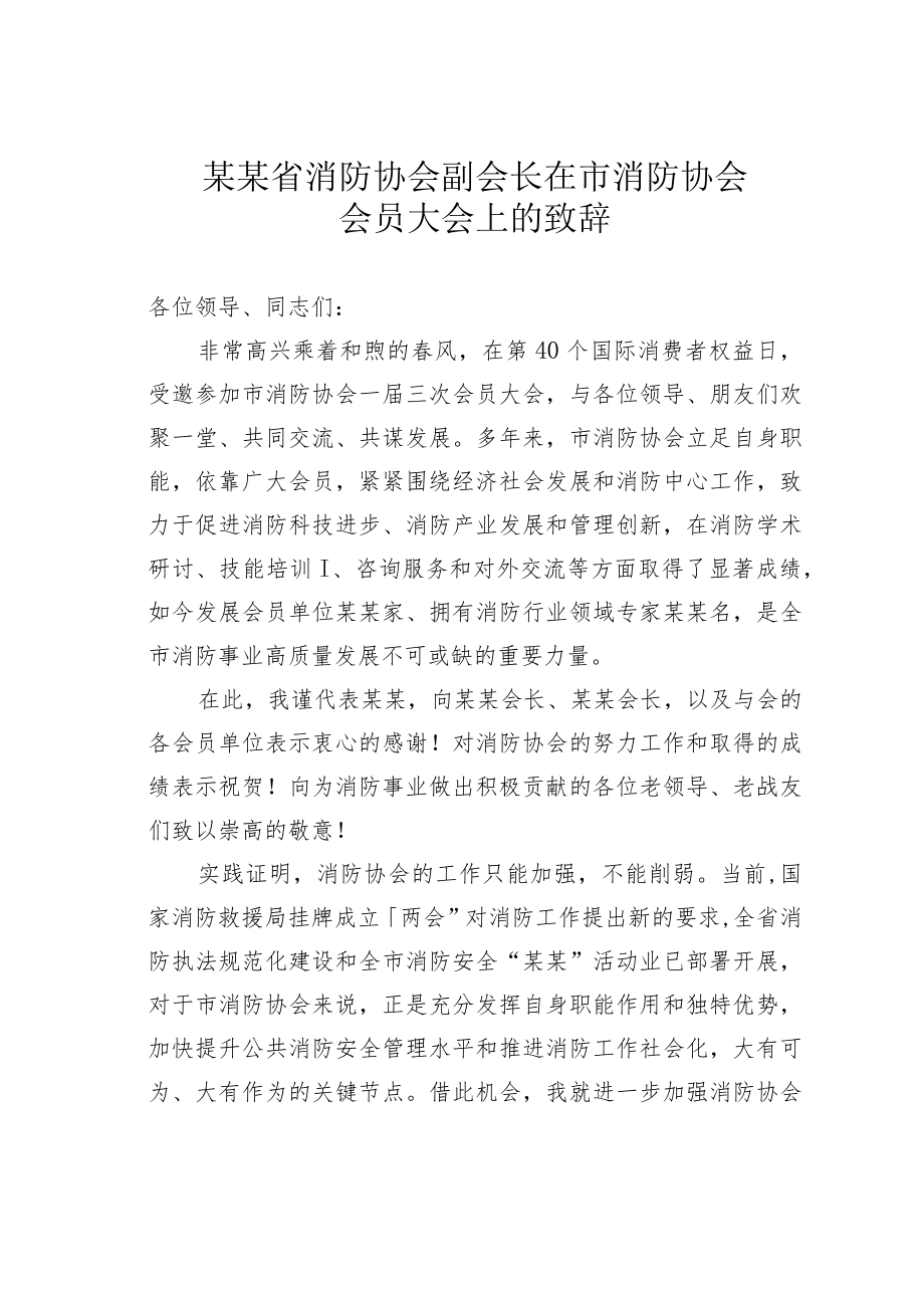 某某省消防协会副会长在市消防协会会员大会上的致辞.docx_第1页