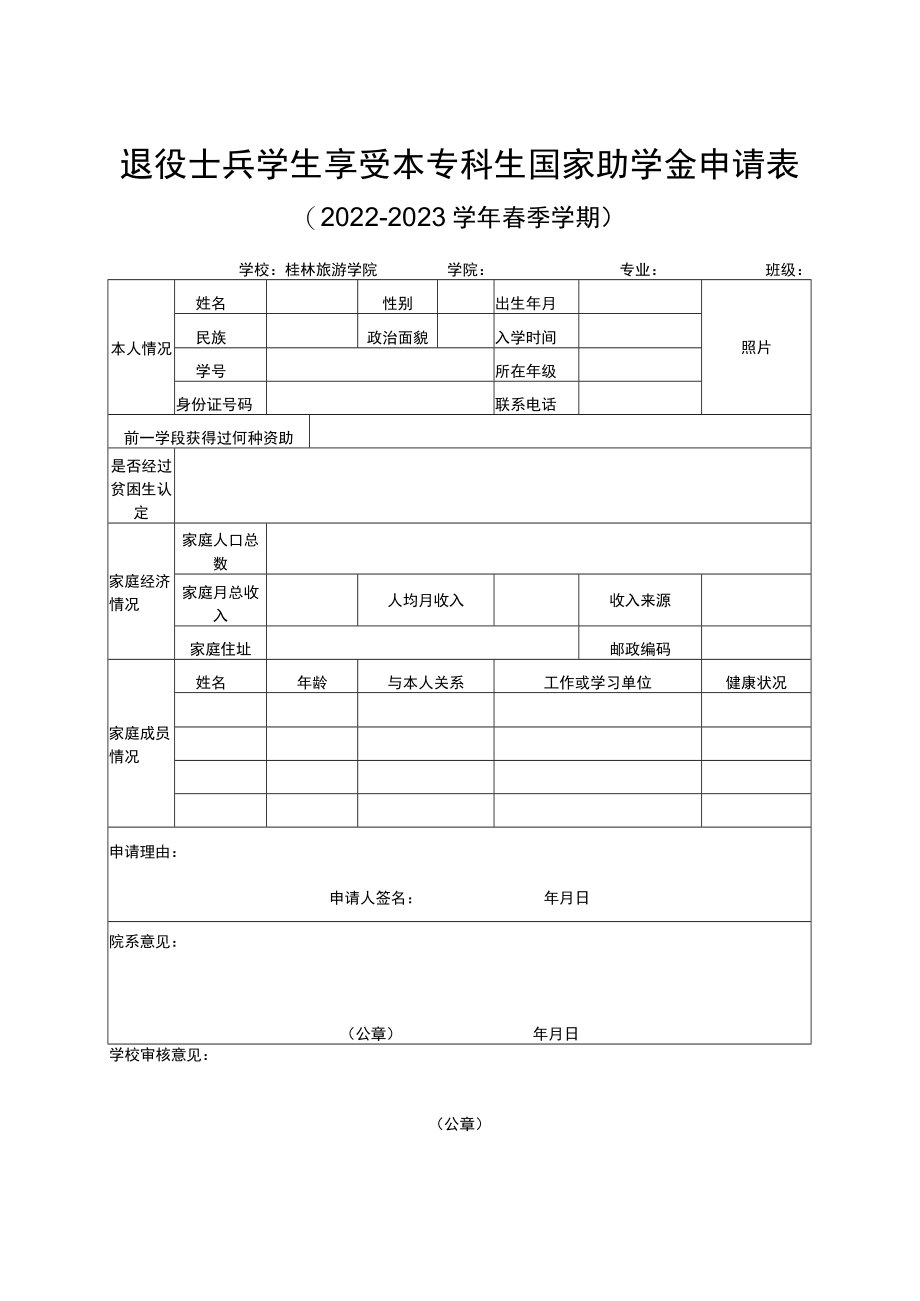 退役士兵学生享受本专科生国家助学金申请表.docx_第1页