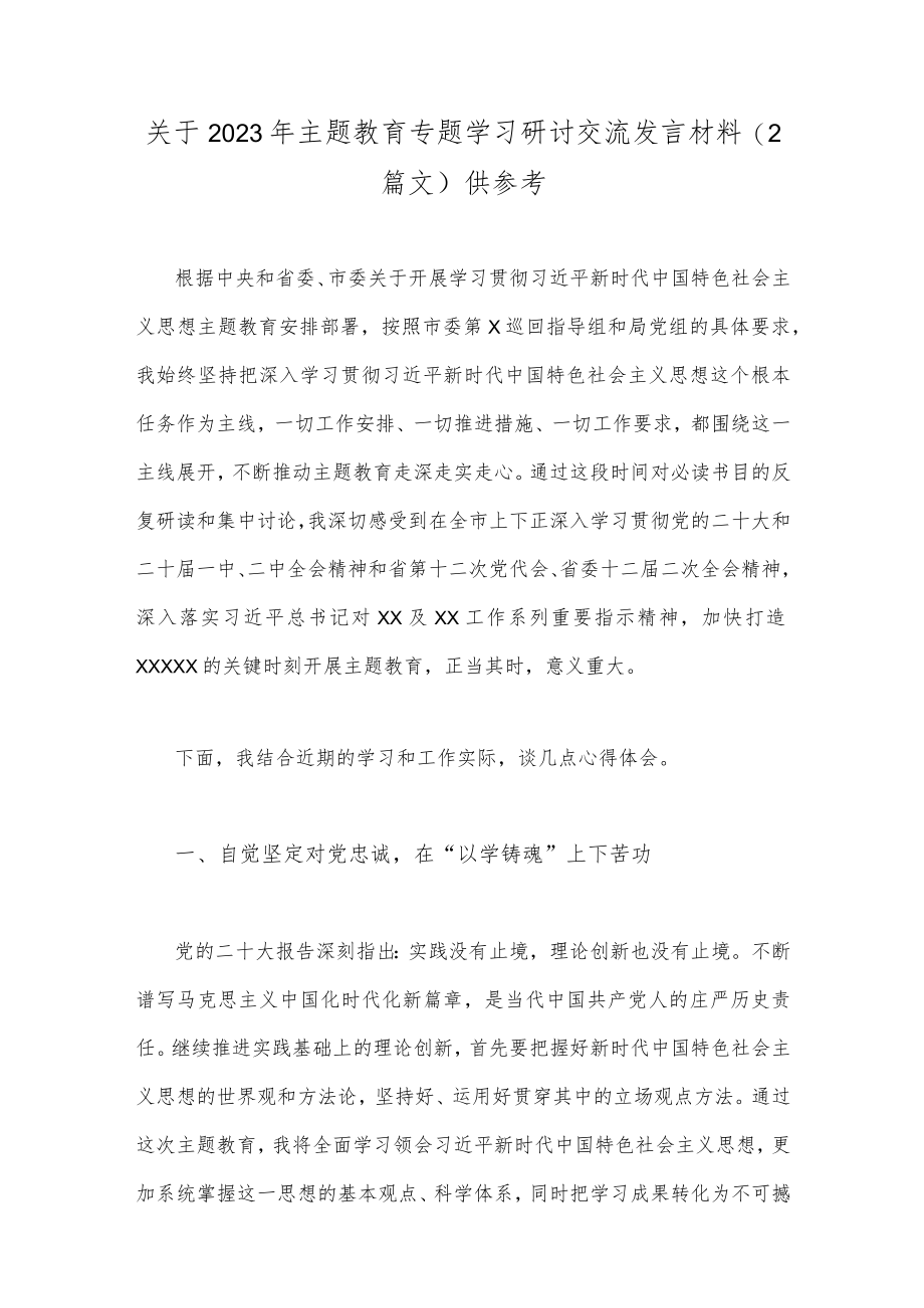 关于2023年主题教育专题学习研讨交流发言材料（2篇文）供参考.docx_第1页