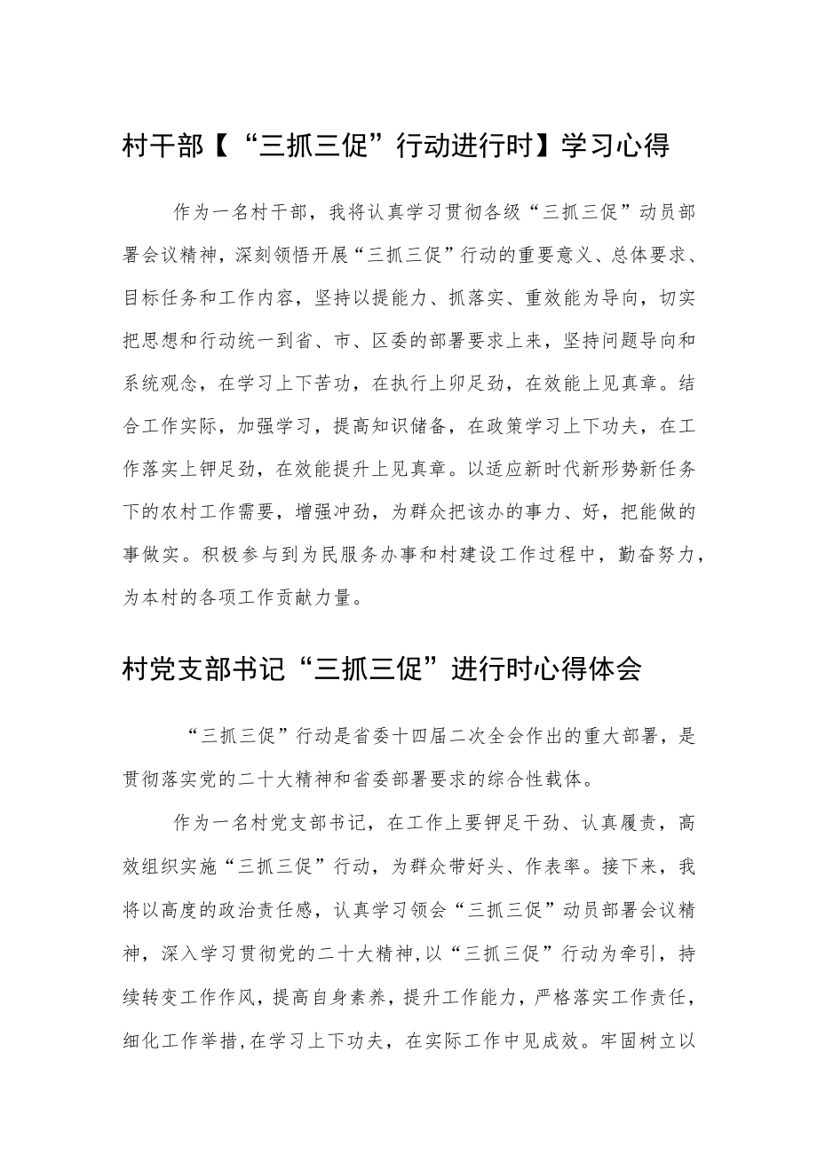 村干部【“三抓三促”行动进行时】学习心得4篇.docx_第1页