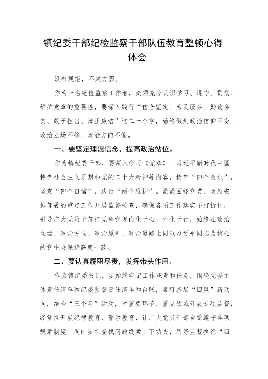 镇纪委干部纪检监察干部队伍教育整顿心得体会.docx_第1页