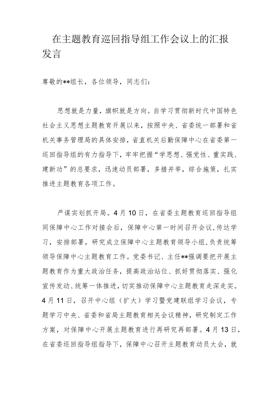 在主题教育巡回指导组工作会议上的汇报发言.docx_第1页