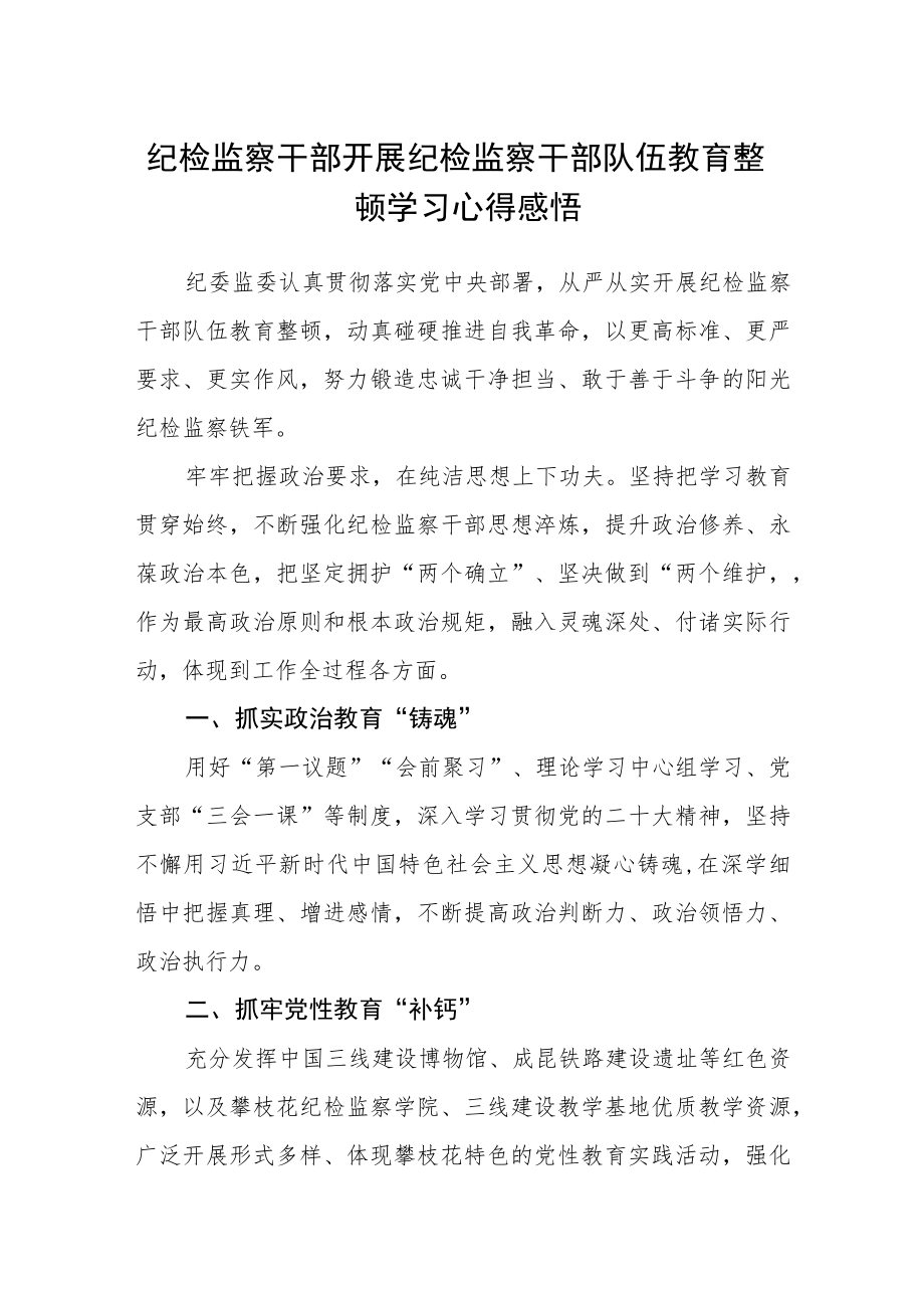 纪检监察干部开展纪检监察干部队伍教育整顿学习心得感悟.docx_第1页