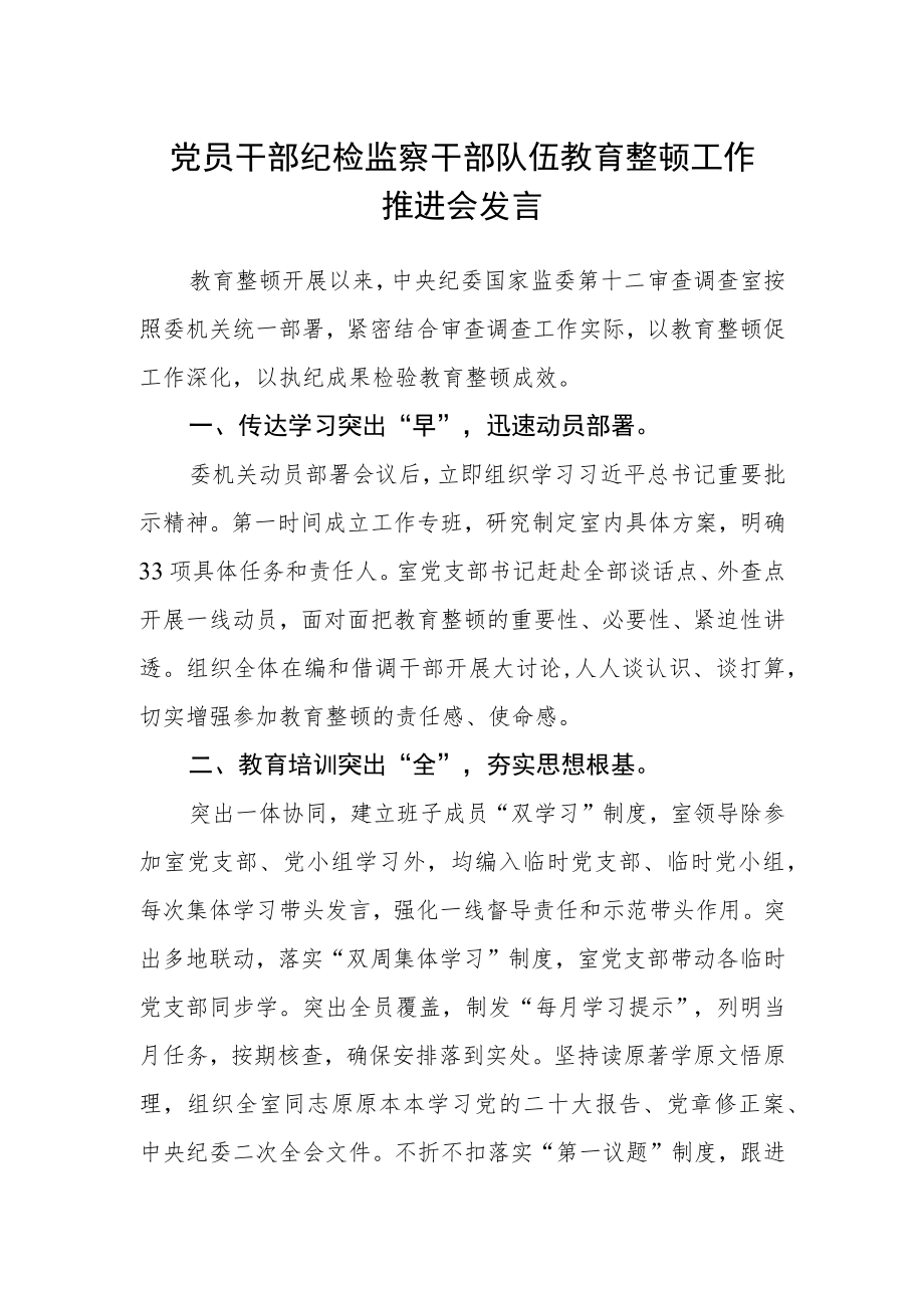 党员干部纪检监察干部队伍教育整顿工作推进会发言.docx_第1页