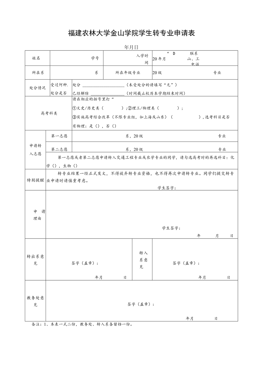 福建农林大学金山学院学生转专业申请表.docx_第1页