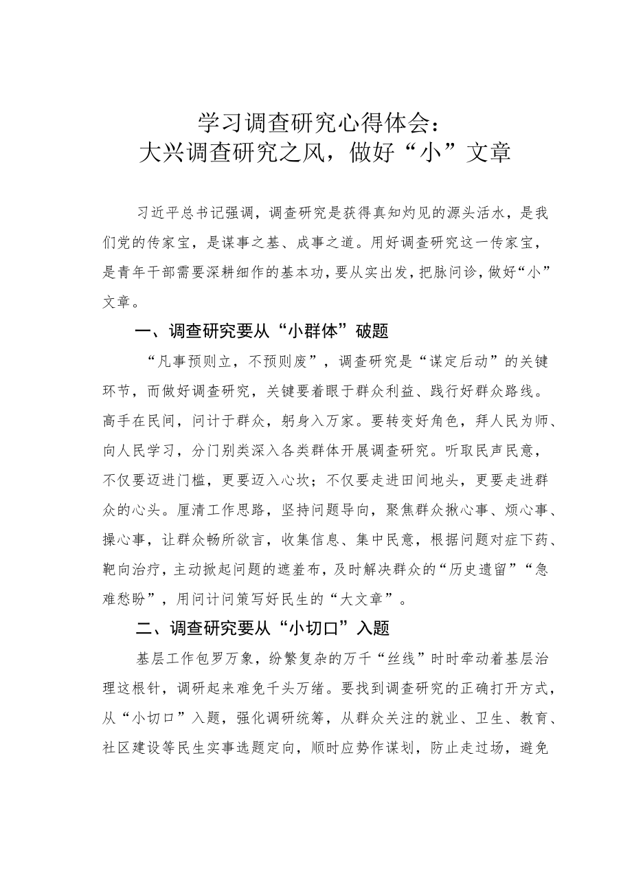 学习调查研究心得体会：大兴调查研究之风做好“小”文章.docx_第1页