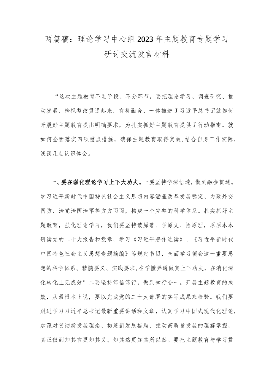 两篇稿：理论学习中心组2023年主题教育专题学习研讨交流发言材料.docx_第1页