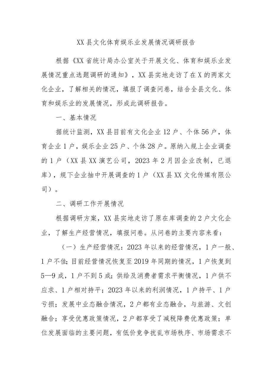 XX县文化体育娱乐业发展情况调研报告.docx_第1页