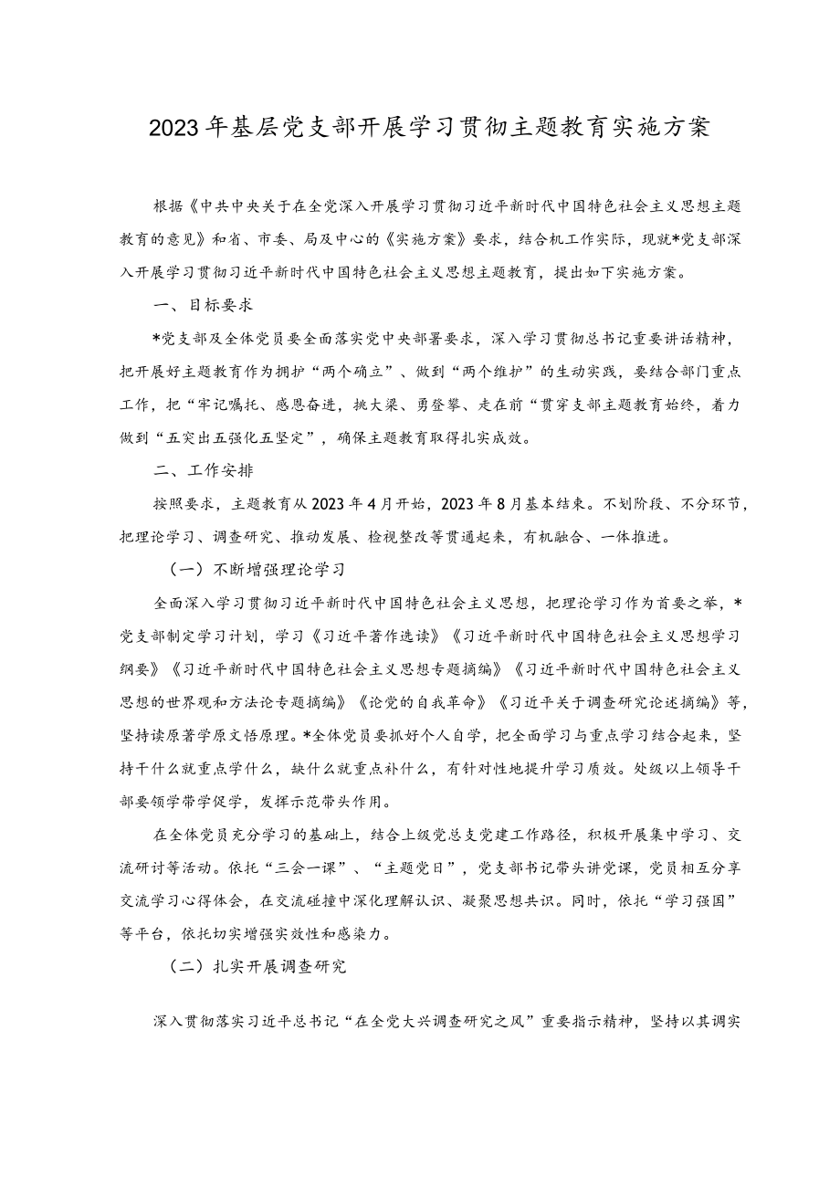 2023年基层党支部开展学习贯彻主题教育实施方案（2篇）.docx_第1页