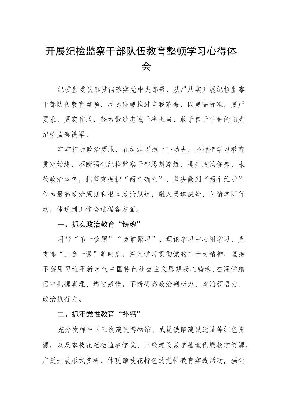 2023开展纪检监察干部队伍教育整顿学习心得体会（参考范文三篇）.docx_第1页