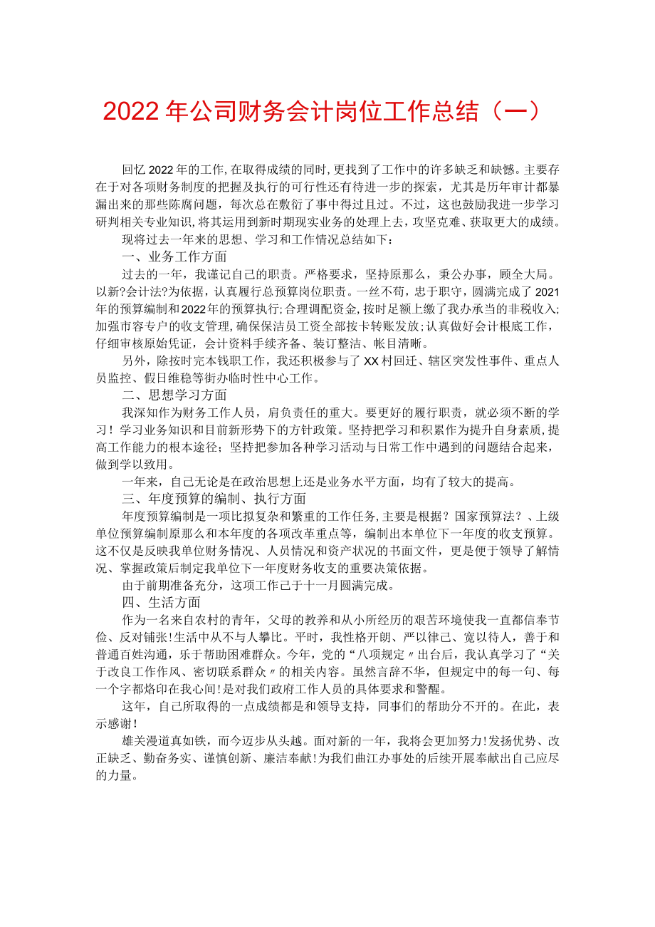 2022年公司财务会计岗位工作总结（一）.docx_第1页