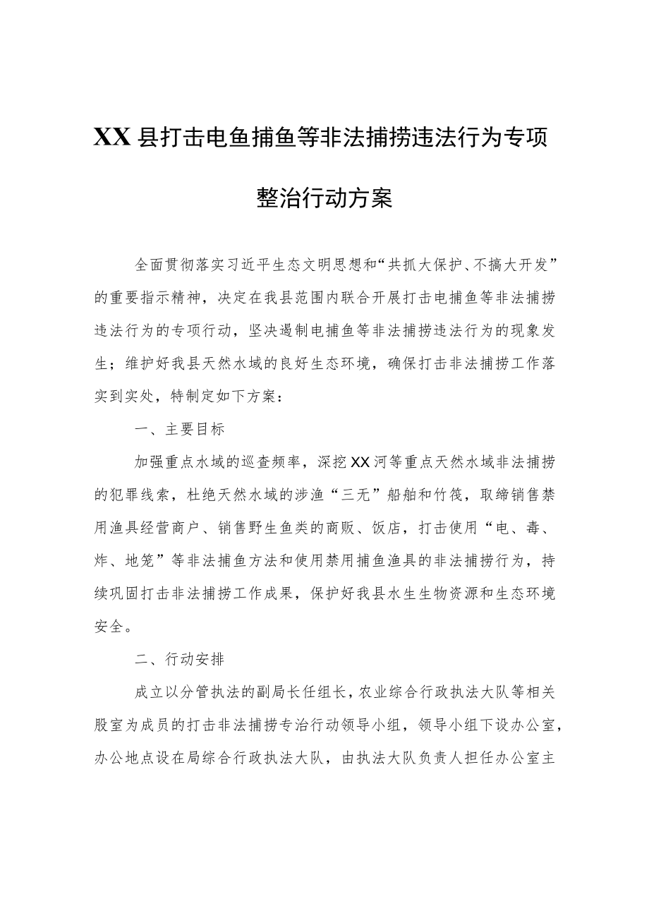 XX县打击电鱼捕鱼等非法捕捞违法行为专项整治行动方案.docx_第1页