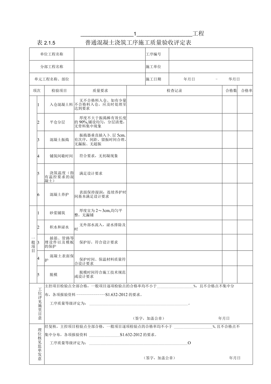 普通混凝土浇筑工序施工质量验收评定表.docx_第1页