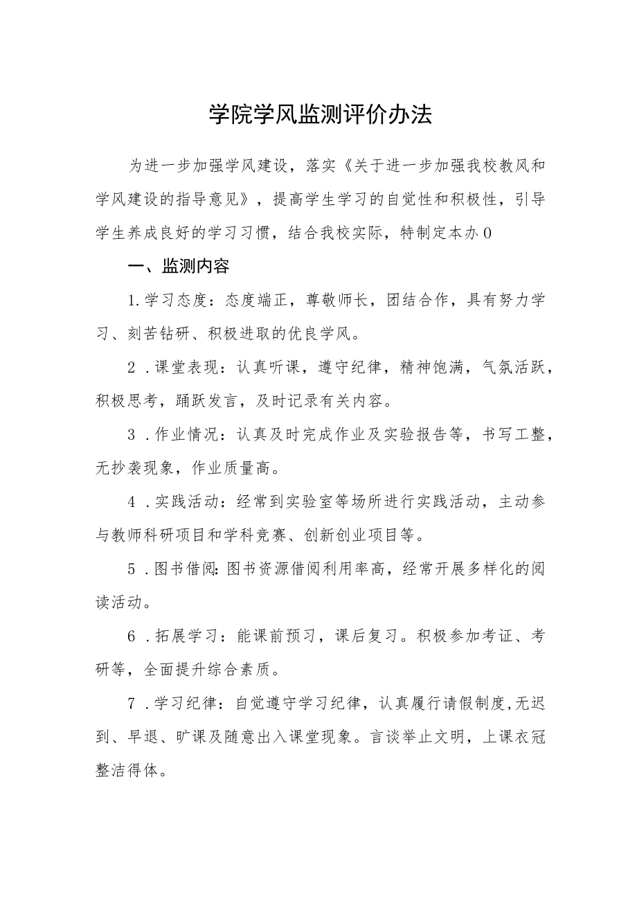 学院学风监测评价办法.docx_第1页