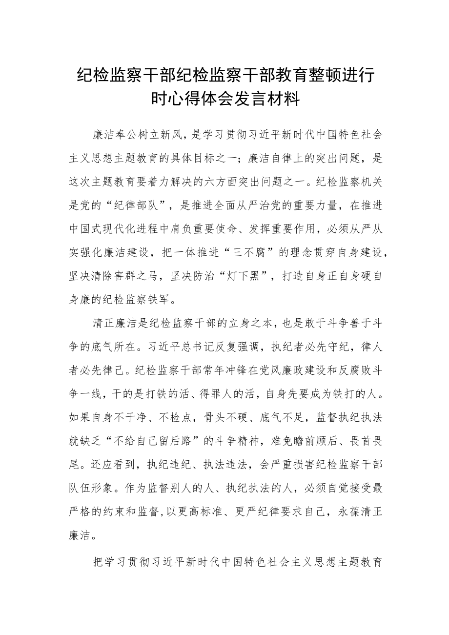 纪检监察干部纪检监察干部教育整顿进行时心得体会发言材料.docx_第1页