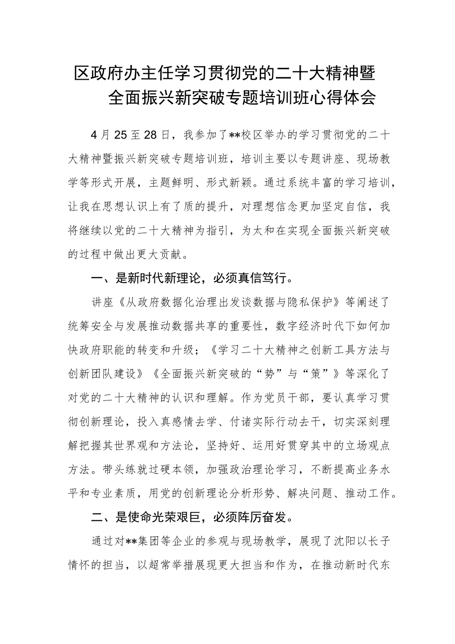 区政府办主任学习贯彻党的二十大精神暨全面振兴新突破专题培训班心得体会.docx_第1页