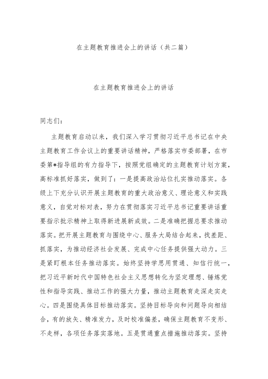 在主题教育推进会上的讲话(共二篇).docx_第1页