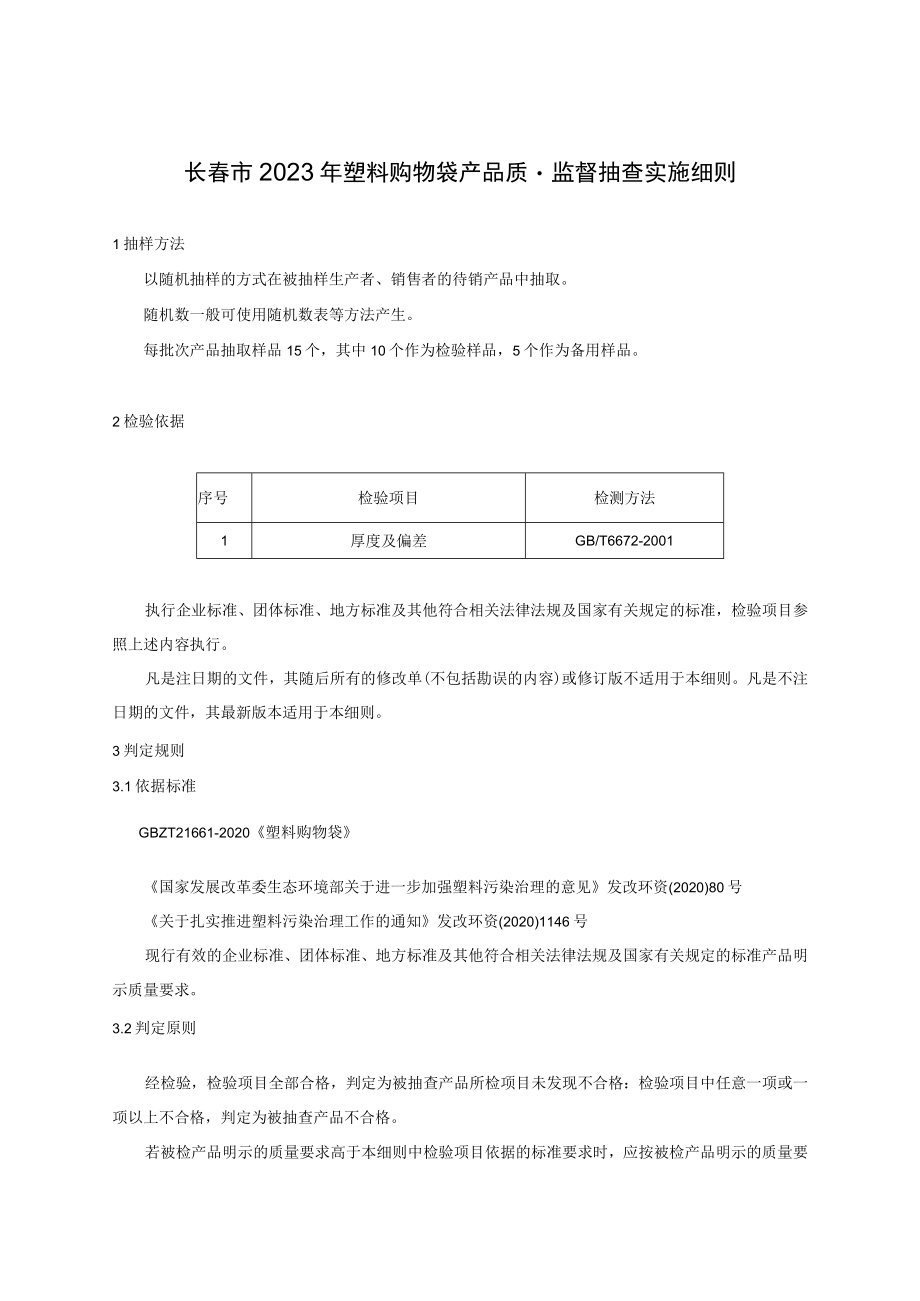 长春市2023年塑料购物袋产品质量监督抽查实施细则.docx_第1页