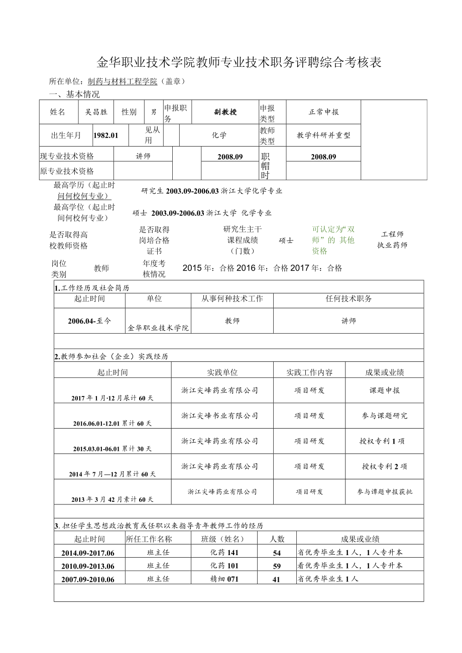 金华职业技术学院教师专业技术职务评聘综合考核表.docx_第1页