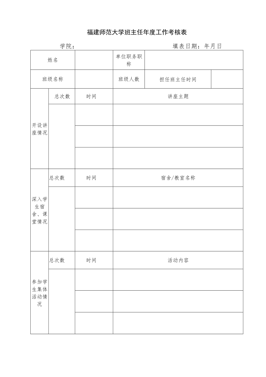 福建师范大学班主任年度工作考核表学院填表日期年月日.docx_第1页