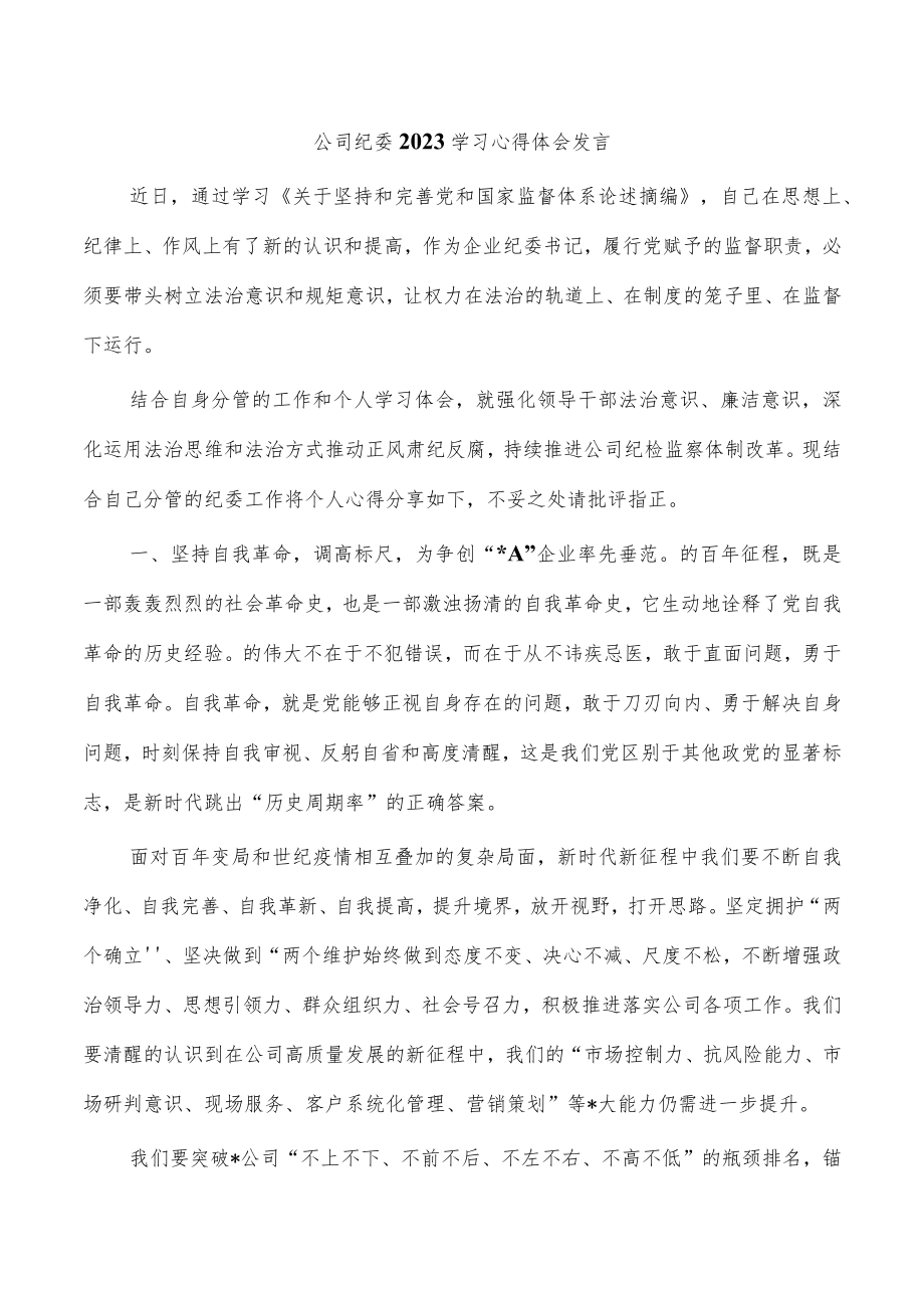 公司纪委2023学习心得体会发言.docx_第1页