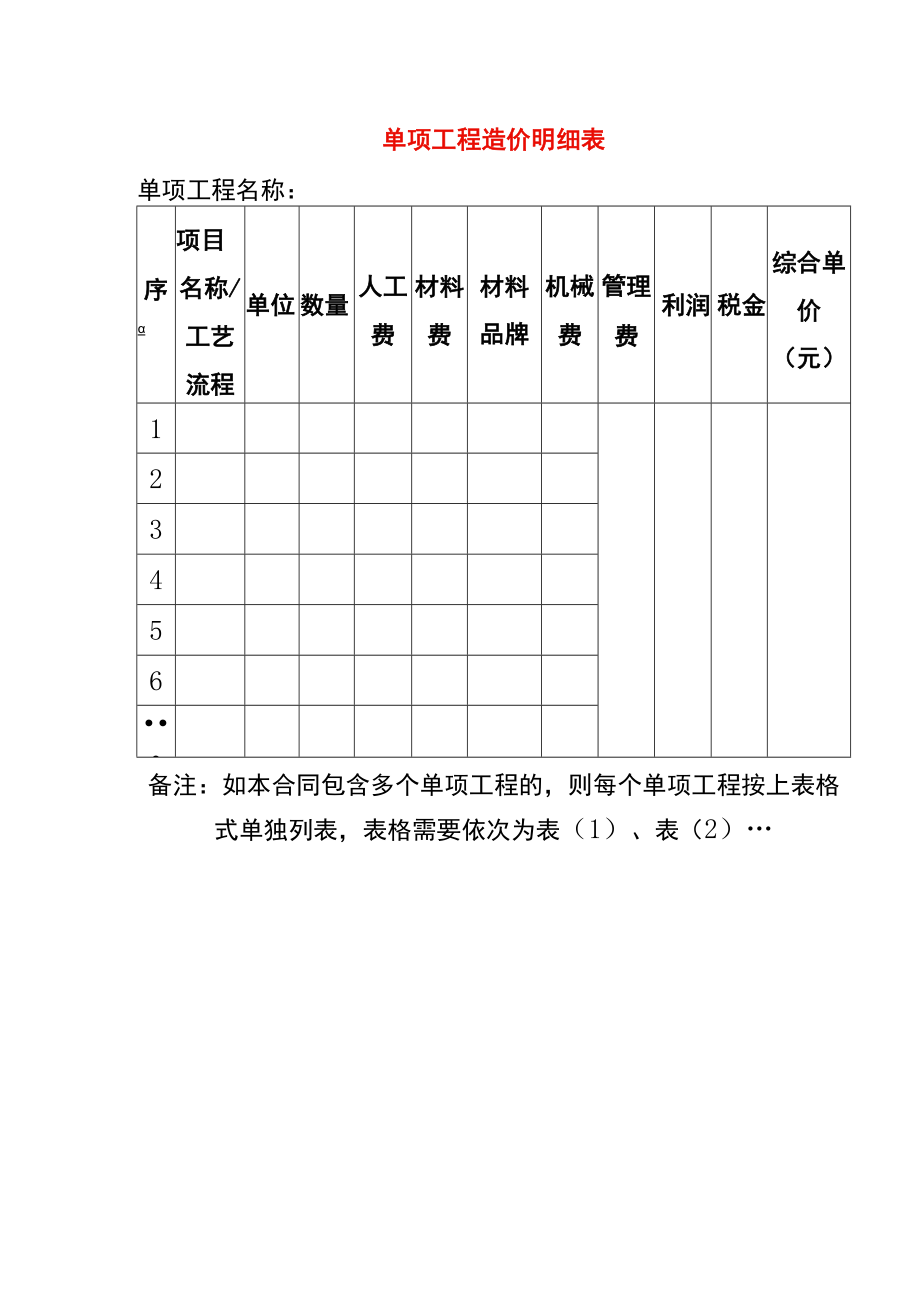 单项工程造价明细表模板.docx_第1页