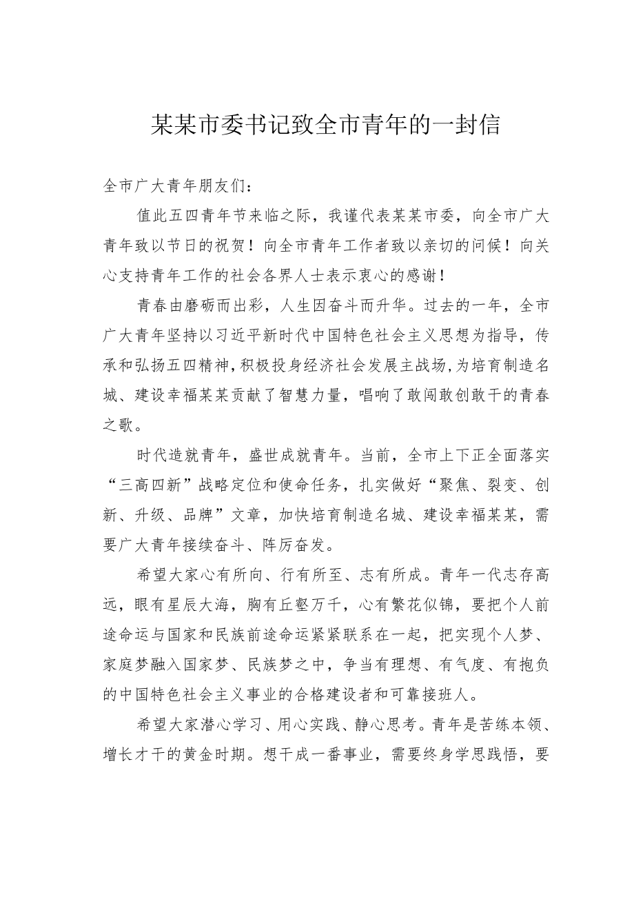 某某市委书记致全市青年的一封信.docx_第1页