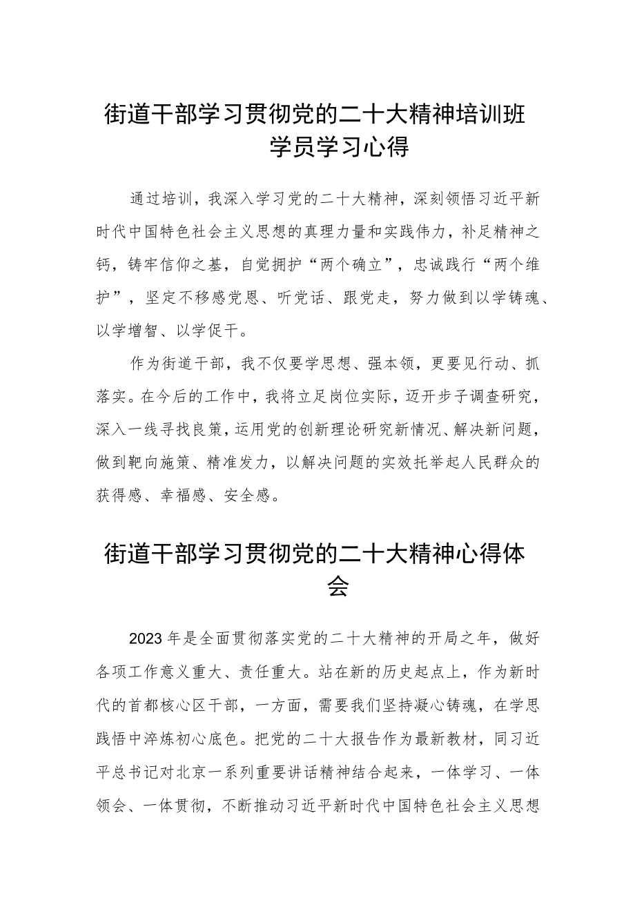 街道干部学习贯彻党的二十大精神培训班学员学习心得范文(3篇).docx_第1页