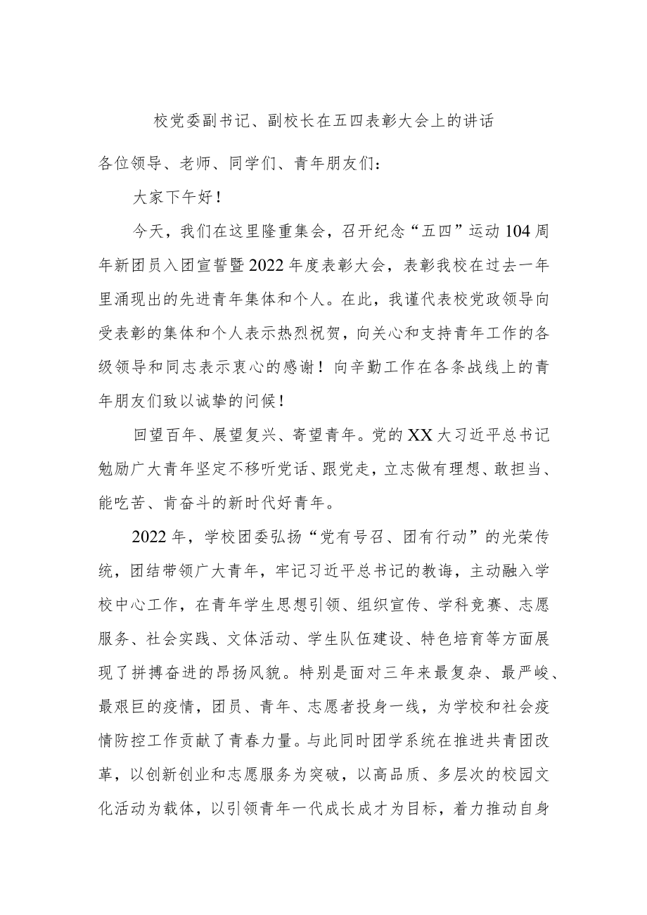 校党委副书记、副校长在五四表彰大会上的讲话.docx_第1页