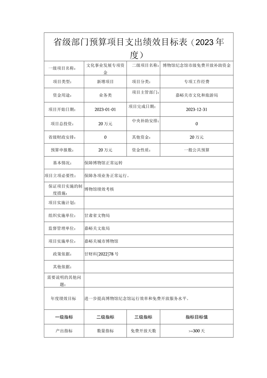 省级部门预算项目支出绩效目标023年度.docx_第1页