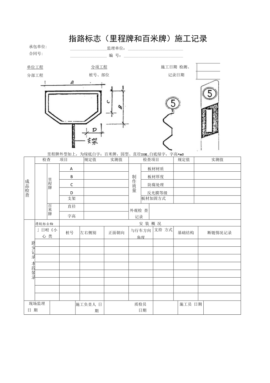 指路标志(里程牌和百米牌)施工记录.docx_第1页