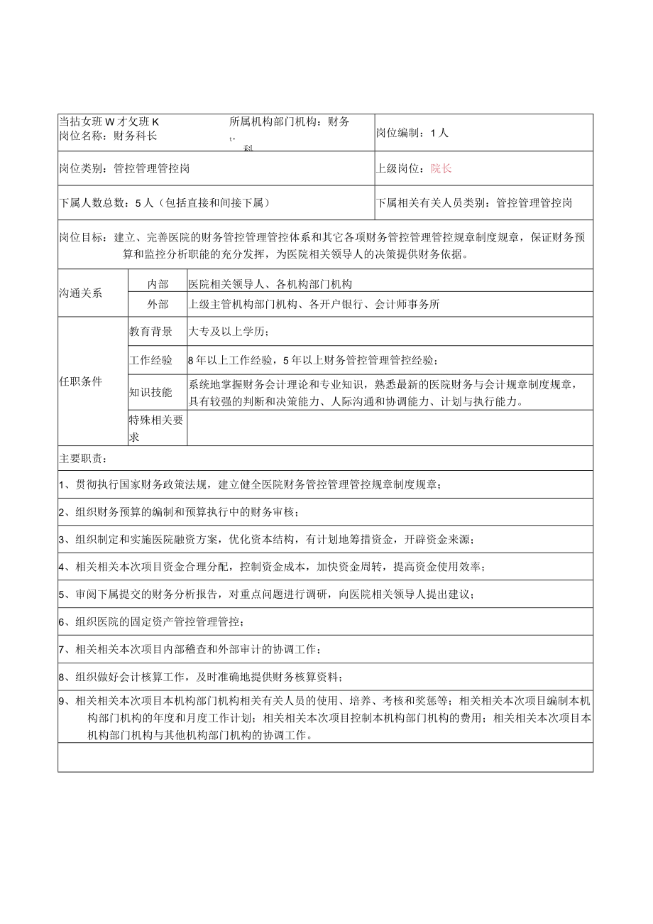 办公文档范本医院财务科岗位说明书.docx_第1页