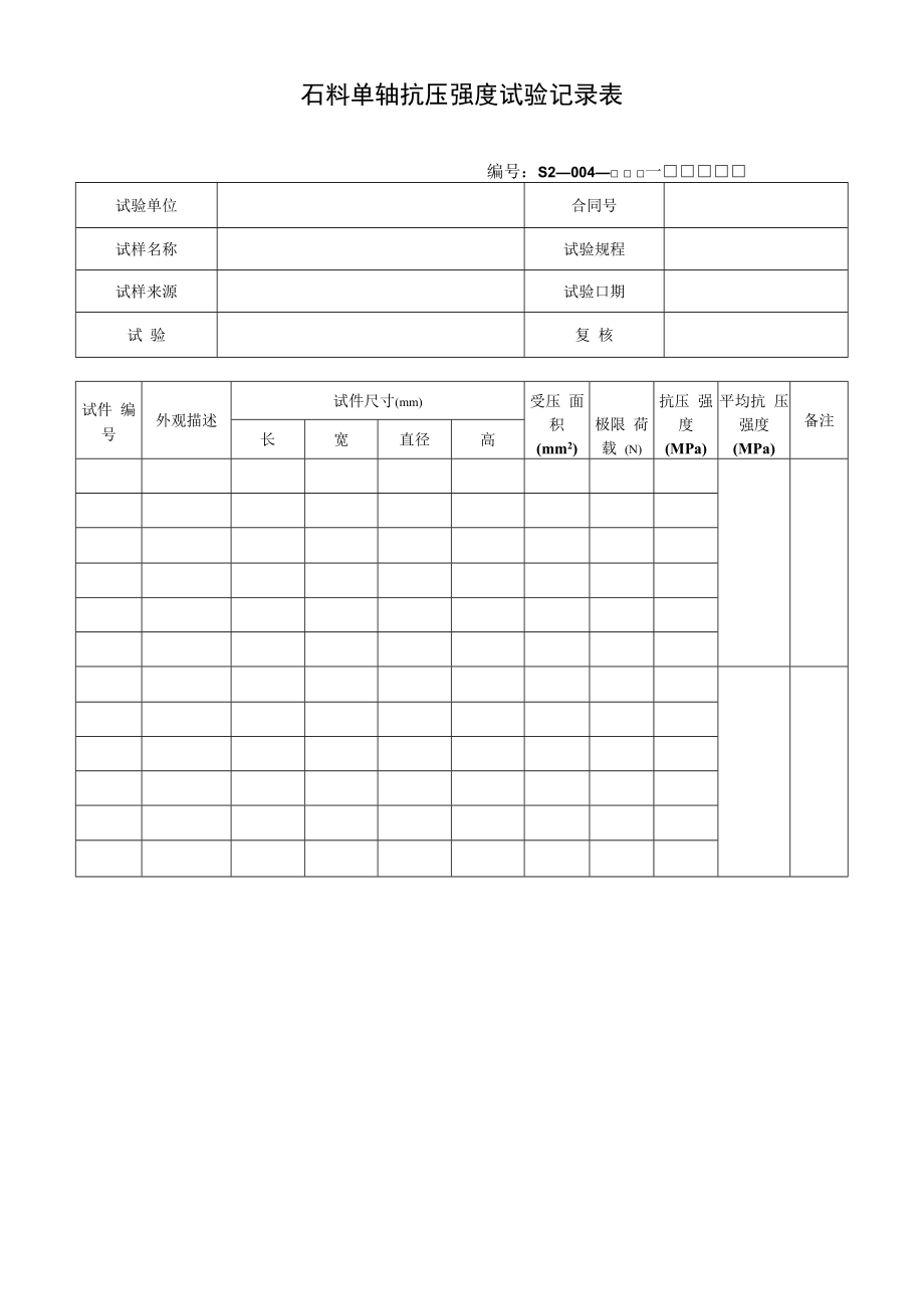 石料单轴抗压强度试验记录表.docx_第1页