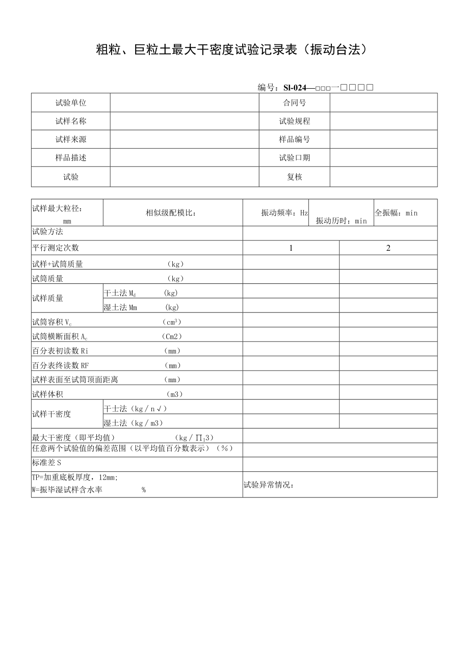 粗粒、巨粒土最大干密度试验记录表（振动台法）.docx_第1页